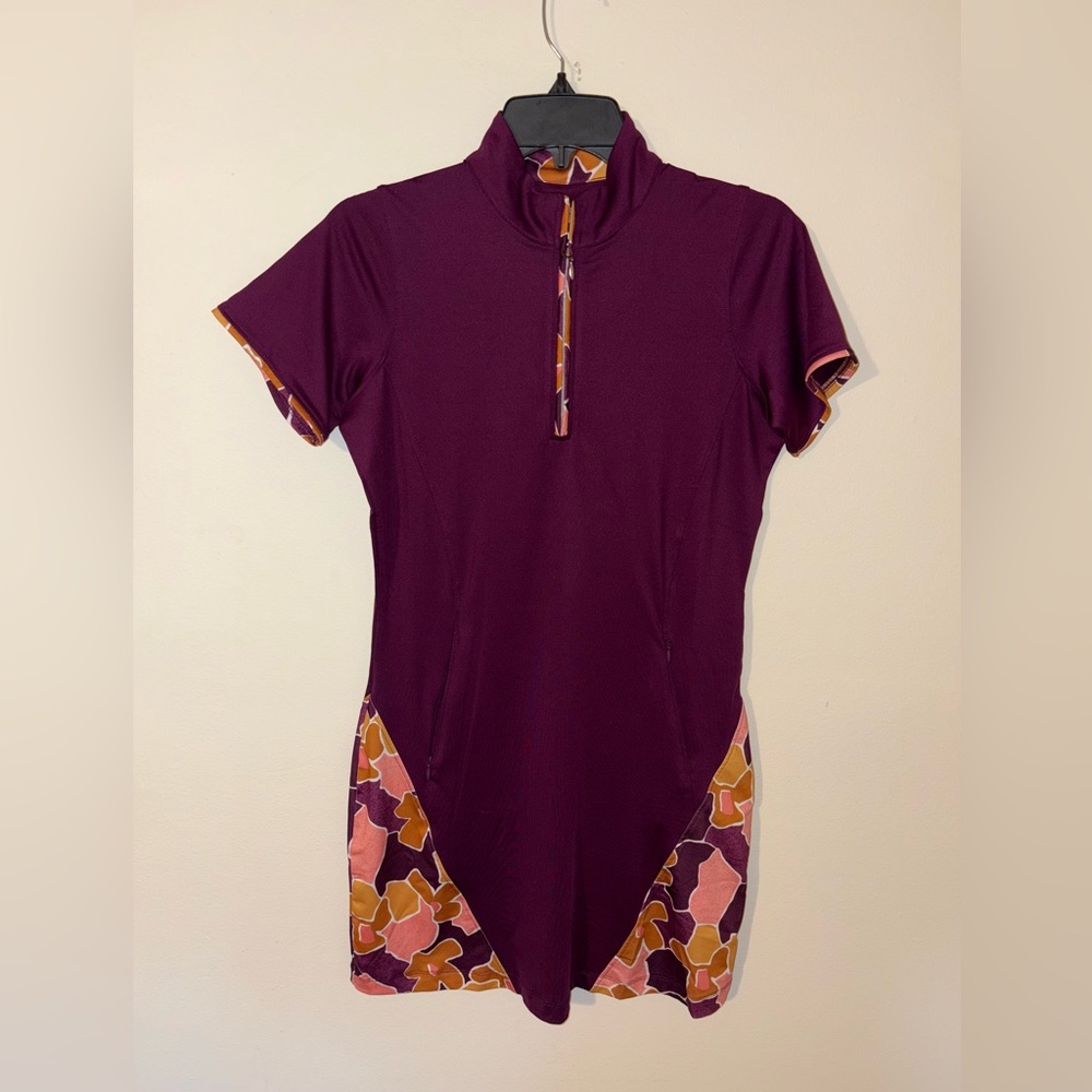 Pebble Beach Plum Purple Short-Sleeve Zip Golf Dress with Multi Floral Panels